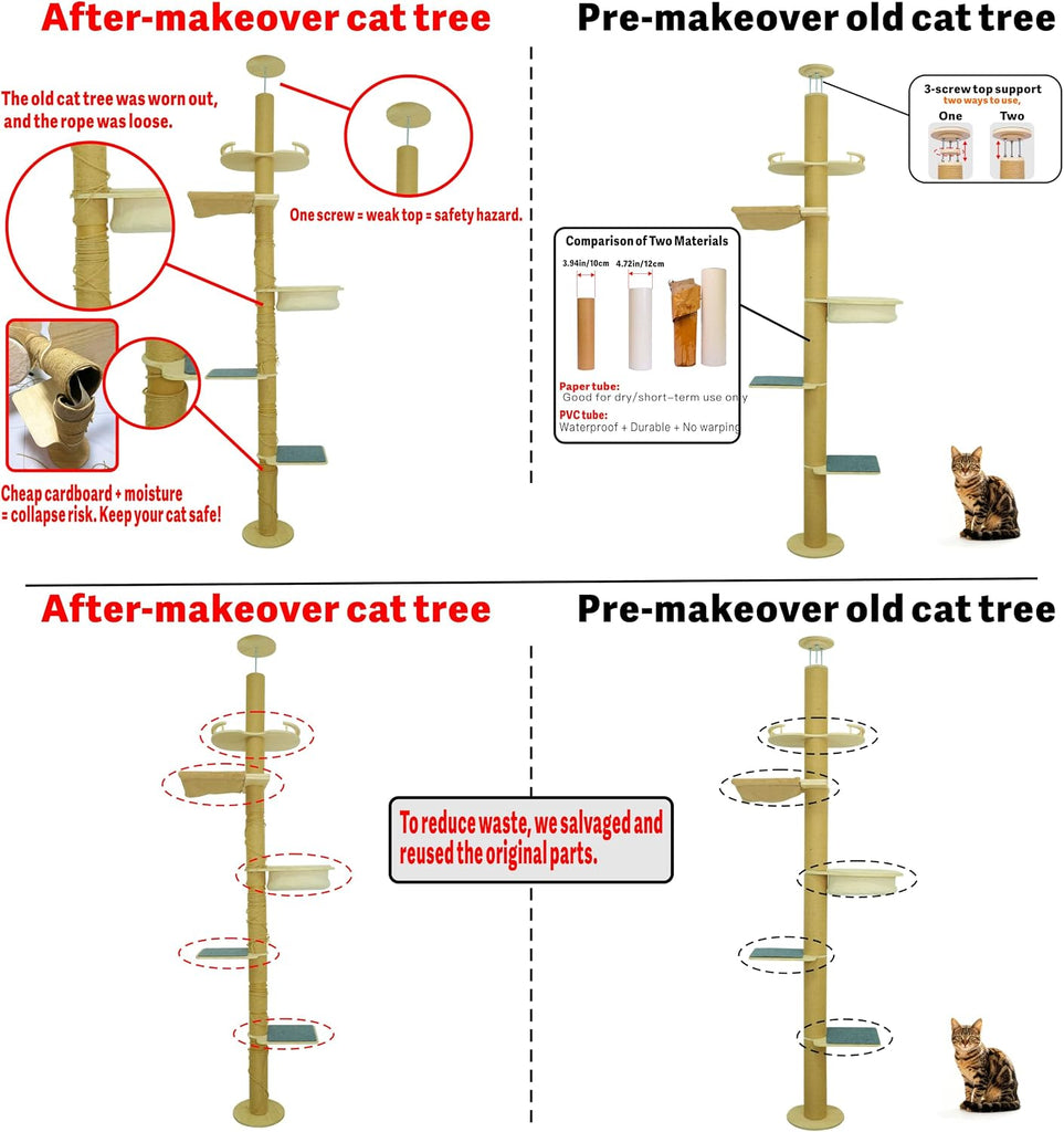 Floor to Ceiling Cat Scratching Post Tree, Adjustable Height 40in-120in Tall PVC Cat Climbing Pole, Sturdy Cat
