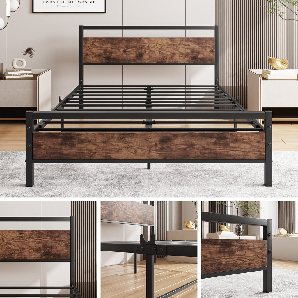 Bed Frame with Headboard, Wood Bed Frame Rustic Brown