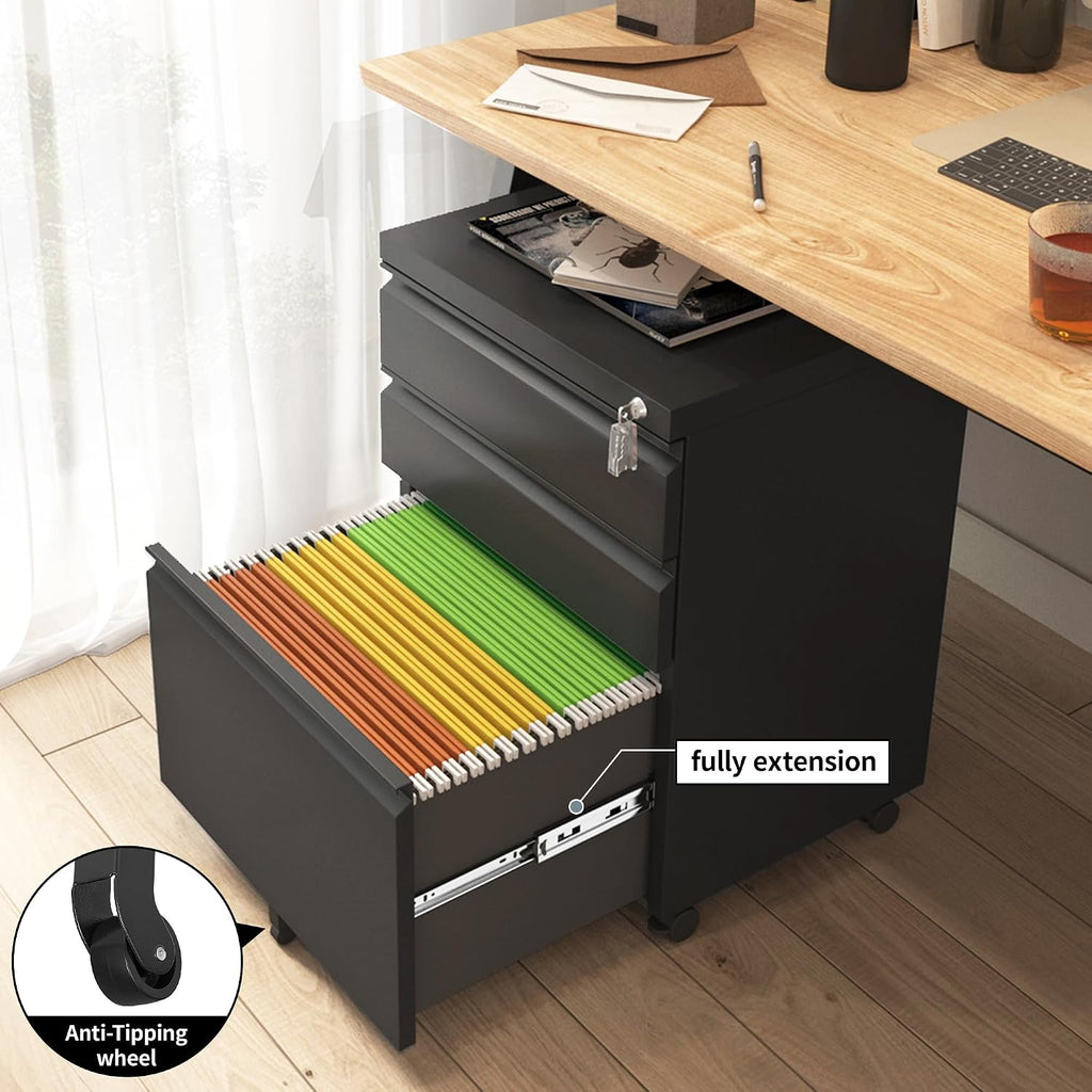 3 Drawer File Cabinet , Under Desk Mobile Filing Cabinet with Lock for A4-Size/Letter-Size/Legal-Size, Black (HSEJ-3D)
