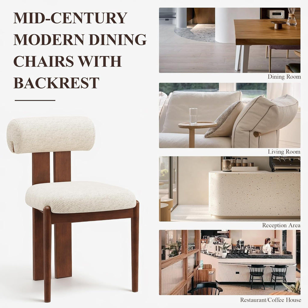 Modern Wooden Dining Chairs Set of 2, Upholstered Fabric Kitchen Chairs with Sculptural Backrest, Mid-Century