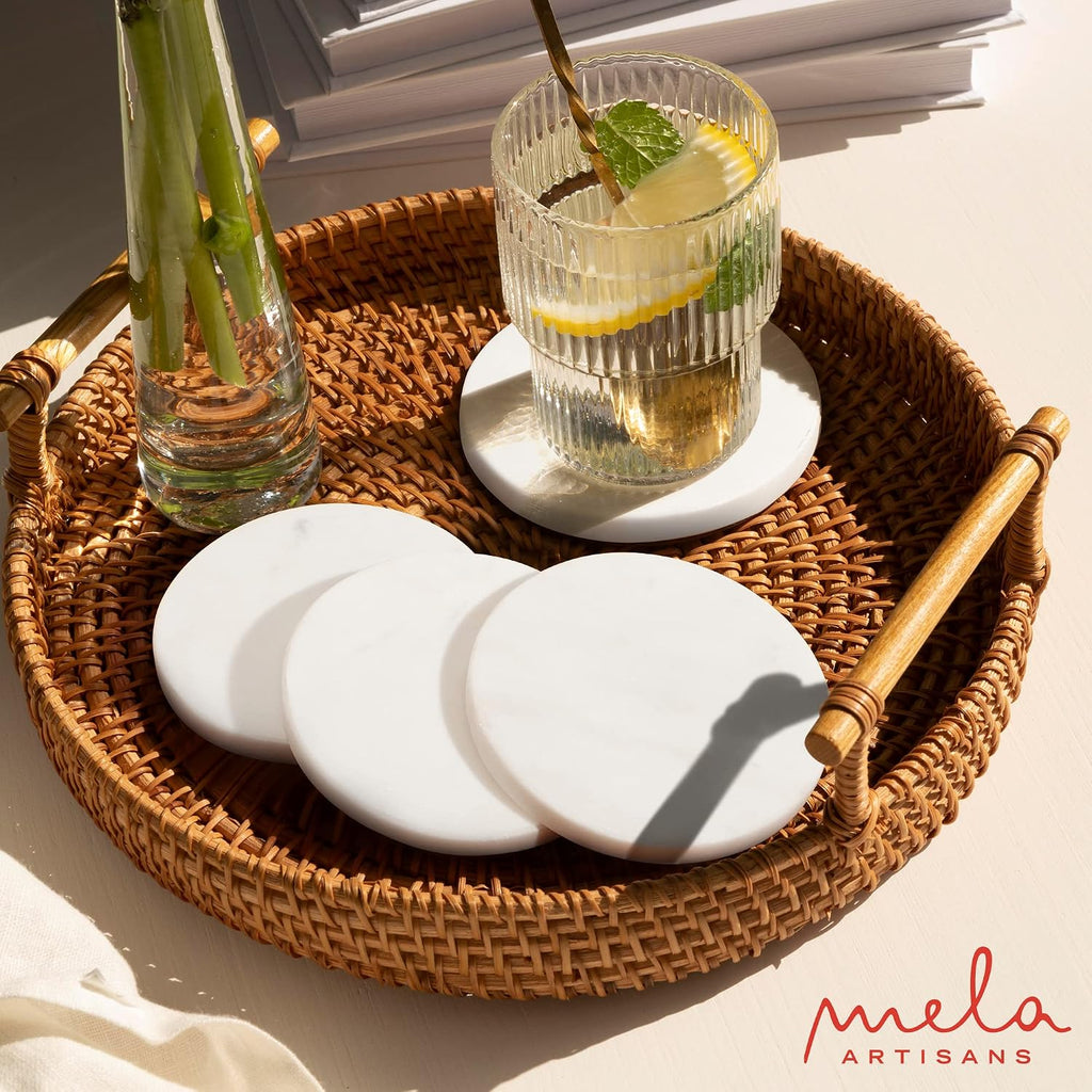 Marble Coasters - White, Round Stone Mat - Set of 4