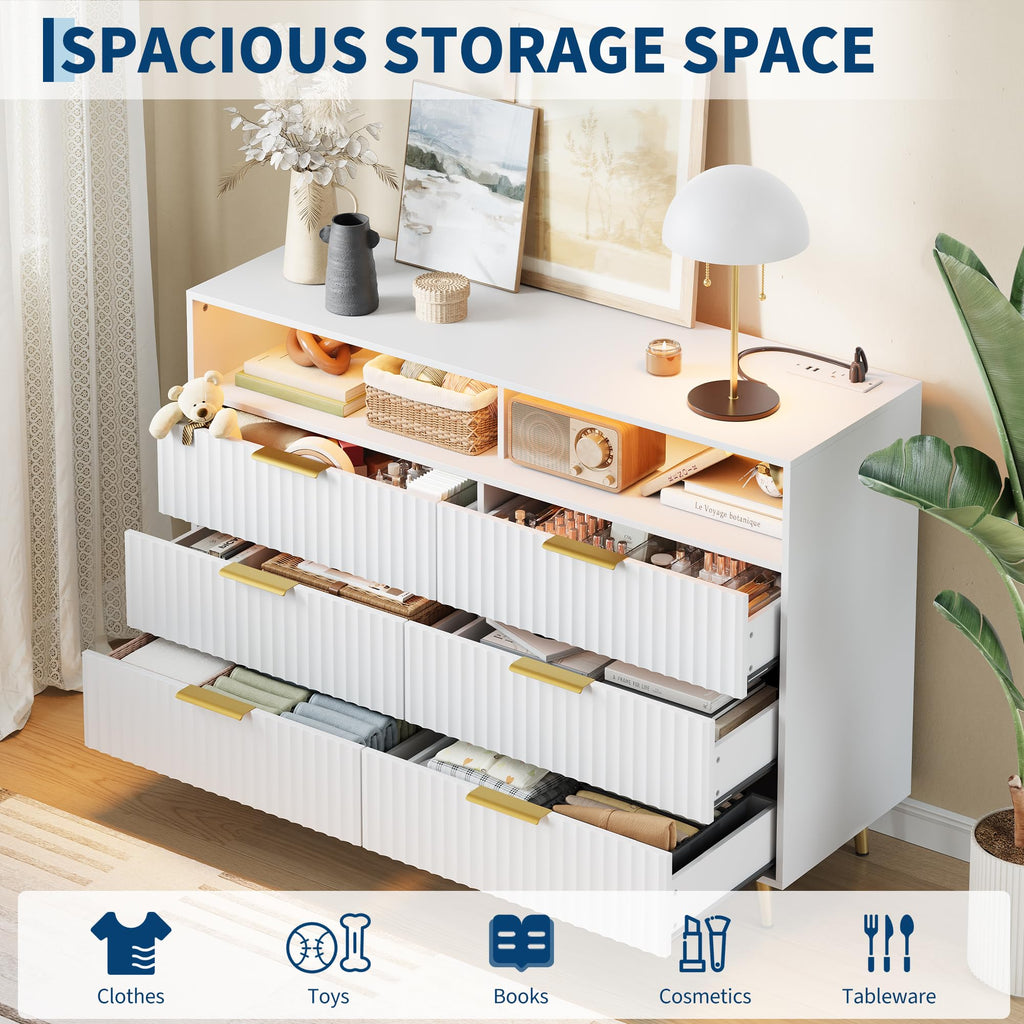 47.2 W 6 Drawer Dresser with LED and Charging Station, White