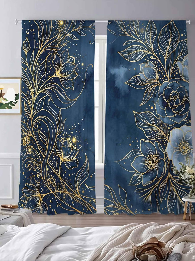 Luxury Floral Sheer Curtains for Living Room Bedroom Blue Golden Lace Vintage Sheer Curtains 96 Inch Long 2 Panels