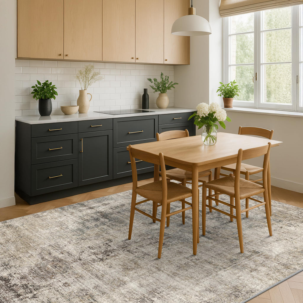 Farmhouse 8x10 Washable Area Rugs, Neutral Taupe Brown Abstract Rug, Soft Foldable Low Pile Carpet, Stain Resistant