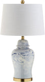 26" Blue and White Marble Ceramic Table Lamp, Traditional Ginger Jar Style with Brass Gold Base