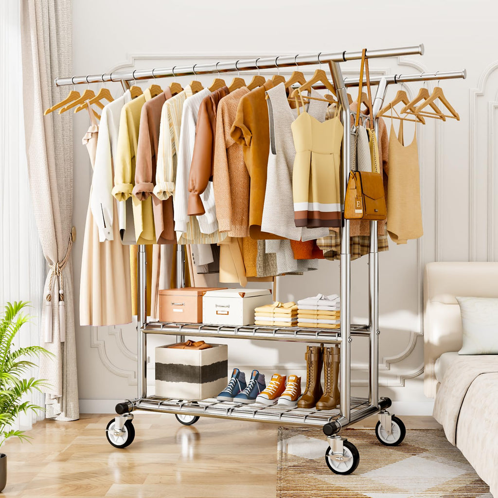 Heavy Duty Clothes Rack 620 LBS, Rolling Clothing Rack with Wheels
