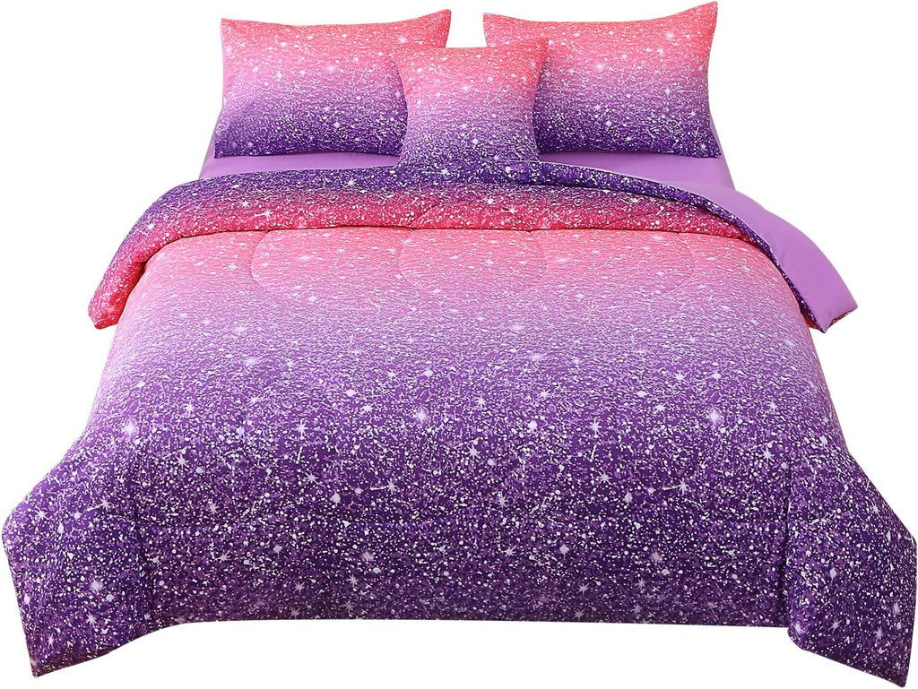 Twin Pink Comforter Set, 6 Piece Bed in A Bag 3D Colorful Bedding Set for Girls Kids (1 Comforter,2 Pillowcases,1