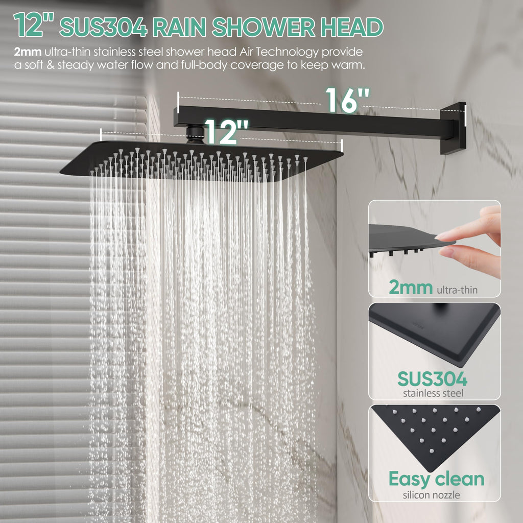 Black Tub Shower System with 12" Rain Head, Handheld & Valve Kit