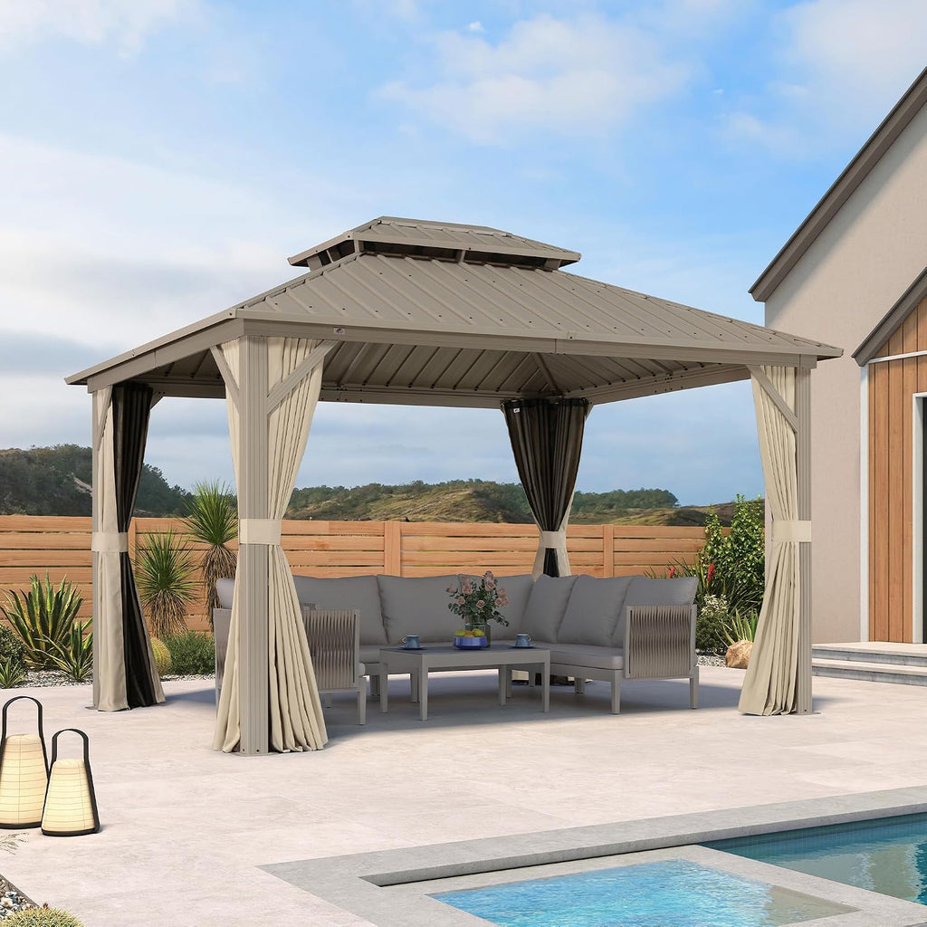10' x 12' Outdoor Hardtop Gazebo, Champagne Aluminum Gazebo with Galvanized Steel Double Roof
