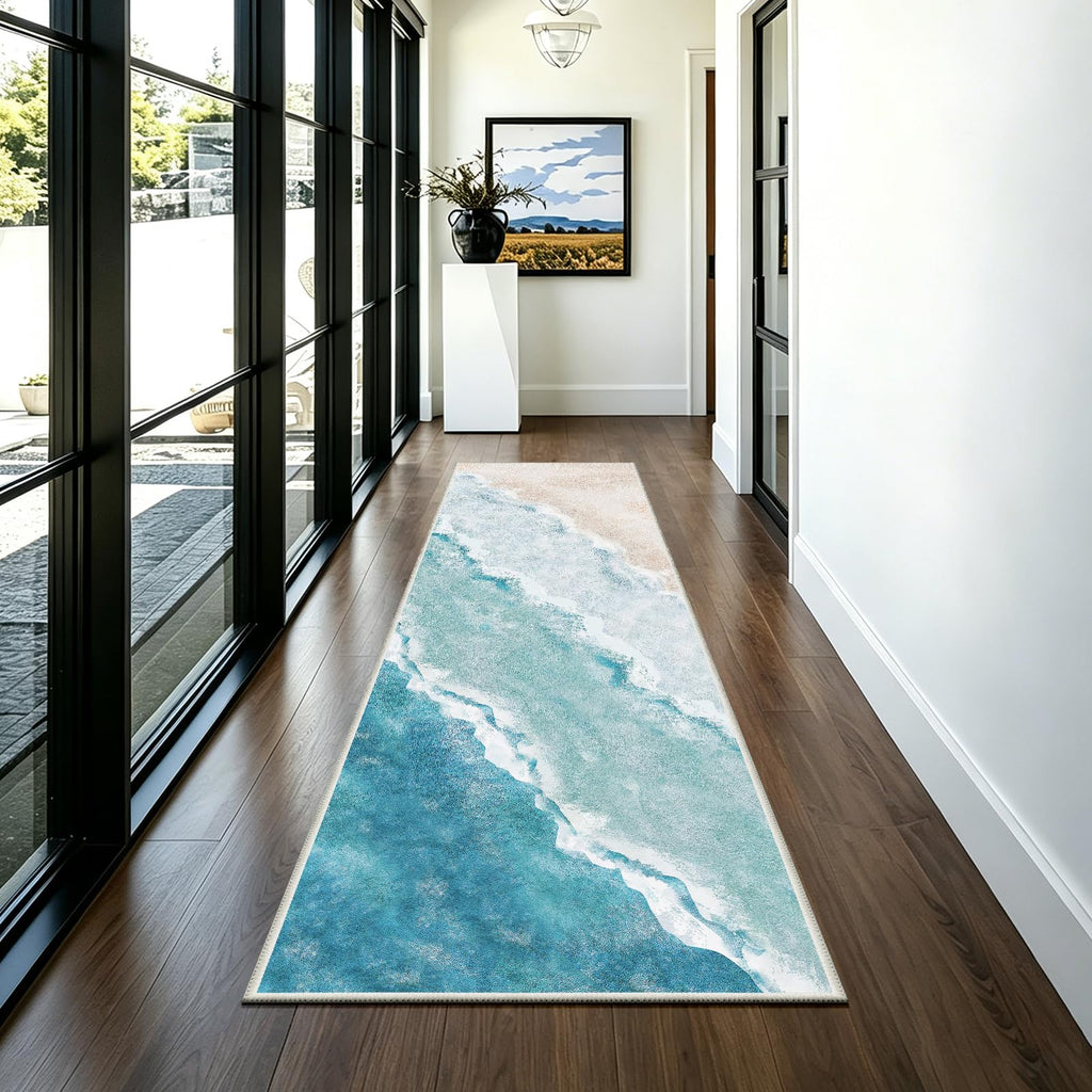 Beach Pattern Runner Rug Non Slip Washable Kitchen Runner Rug with Rubber Backing, Low-Pile Soft Washable Runner