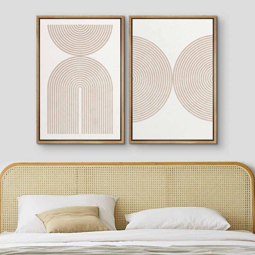 Framed Canvas Print Wall Art Set Pastel Tan Geometric Polygon Collage Abstract Shapes Illustrations Modern Art