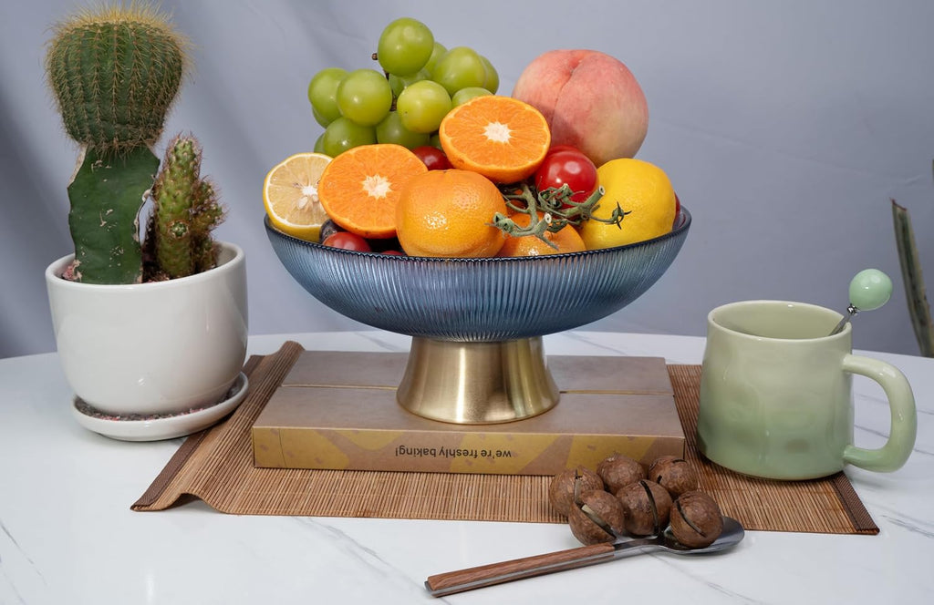 Round Glass Decorative Bowl (Blue), 9.8 Inches Handblown Striped Design Glass Bowl with Rust Resistant Metal