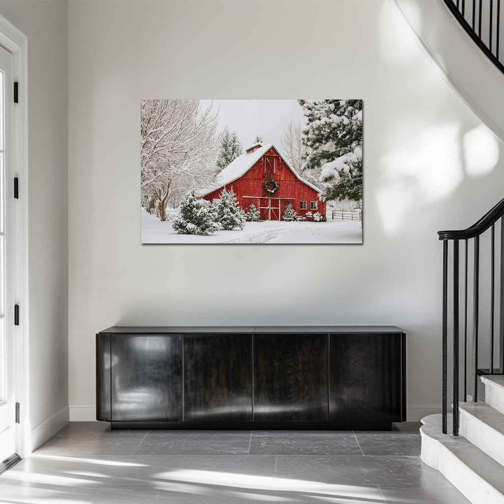 Christmas Vintage Barn Canvas Wall Art, Large Winter Scene Pictures, Red Barn and Tree Snow Wall Decor Artwork