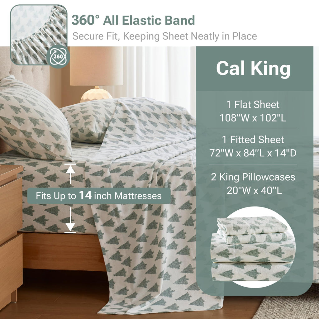 Cozy Flannel Sheets 100% Cotton, Cal King Sheet Set, 4psc