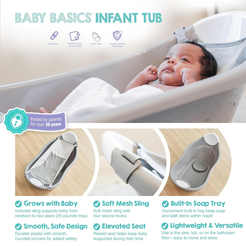 Baby Basics Infant Bath Tub with Air Mesh Sling, Adjustable Baby Bathtub for Newborn to Toddler, Baby Bath Seat