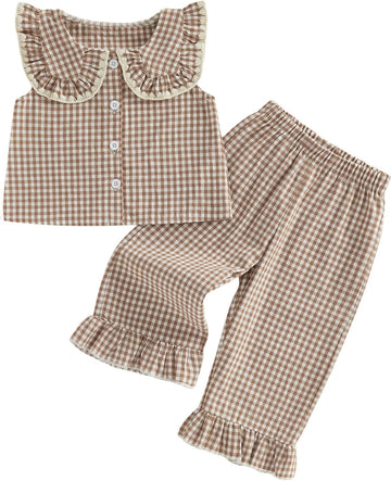 Toddler Baby Girl Summer Clothes Gingham Top Linen Pants 2 Piece Outfits