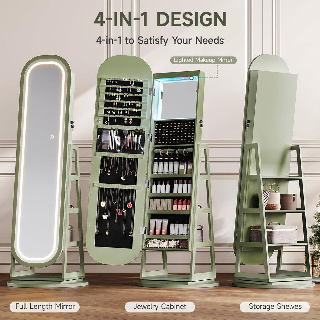 360° Swivel Jewelry Mirror Cabinet with Lights, Green