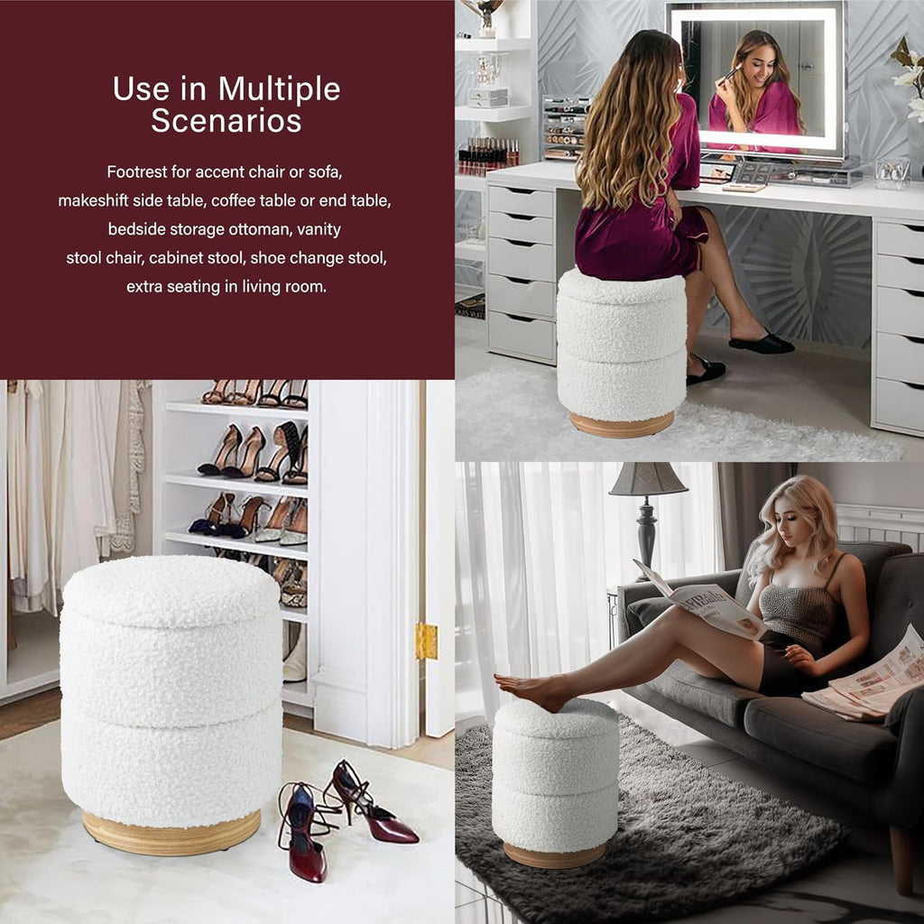 Round Ottoman with Storage, Modern Boucle Ottoman Upholstered Foot Stools with Wood Base, Vanity Stool Chair