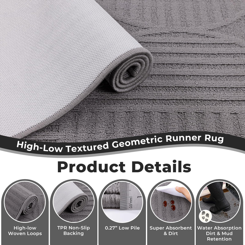 Hallway Runner Rug 2x8, Geometric High-Low Textured Runner, Gray