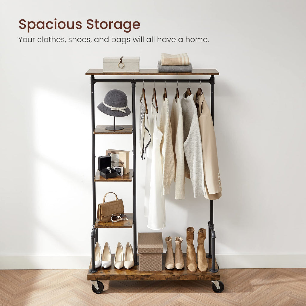 Clothes Rack, 5-Tier Garment Rack on Wheels, Industrial Pipe Style