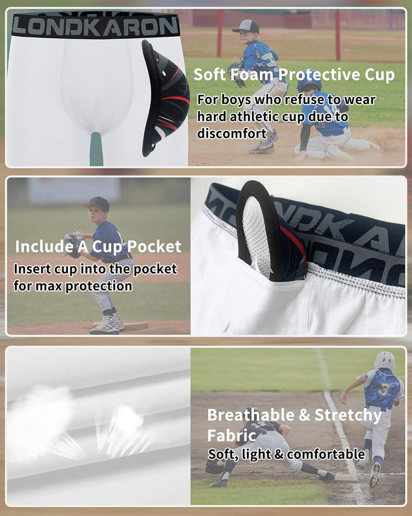 Pack Youth Boys Stretch Boxer Briefs w/Soft Protective Cup, Elite Boxer Jock for Baseball & Football