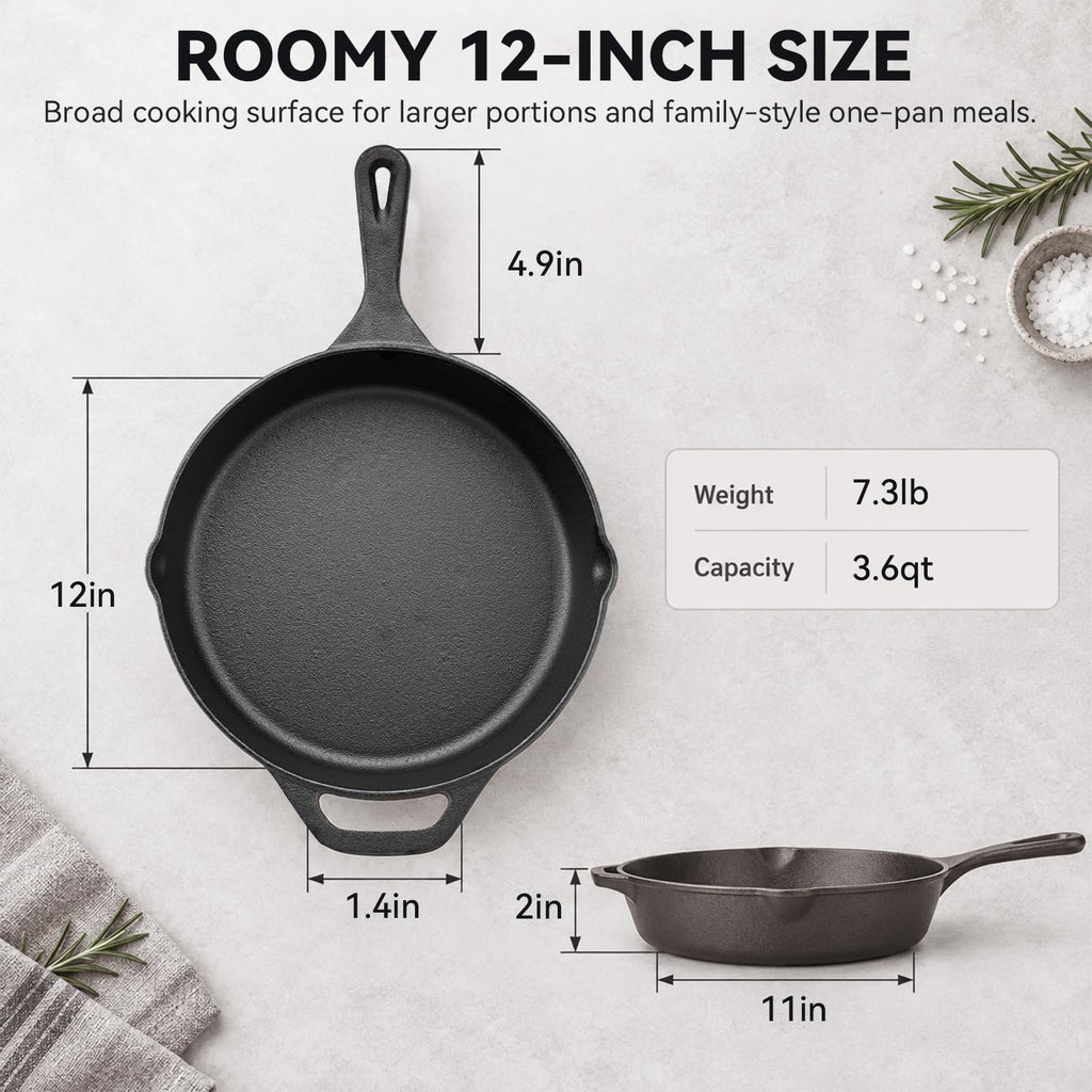 12-Inch Cast Iron Skillet, Helper Handle & Dual Pour Spouts