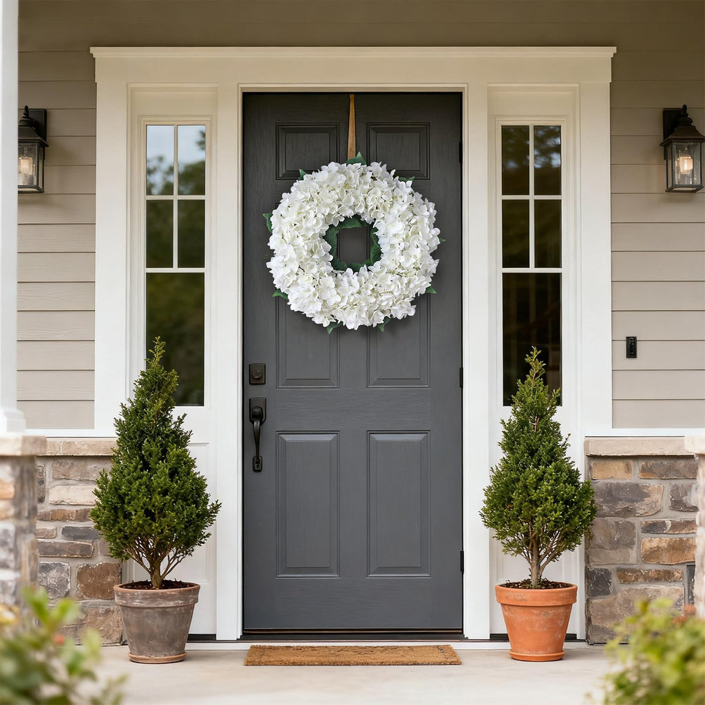 21" Artificial Hydrangea Flower Wreath for Front Door Decor (White)