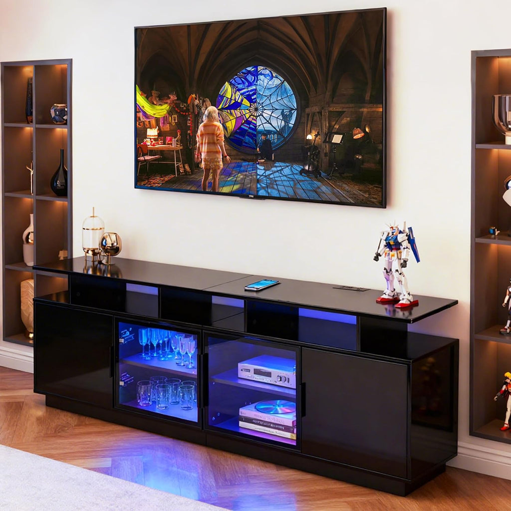 70 Inch Black TV Stand for Living Room, LED Entertainment Center for Gaming, Modern TV Cabinet Console, Transparent