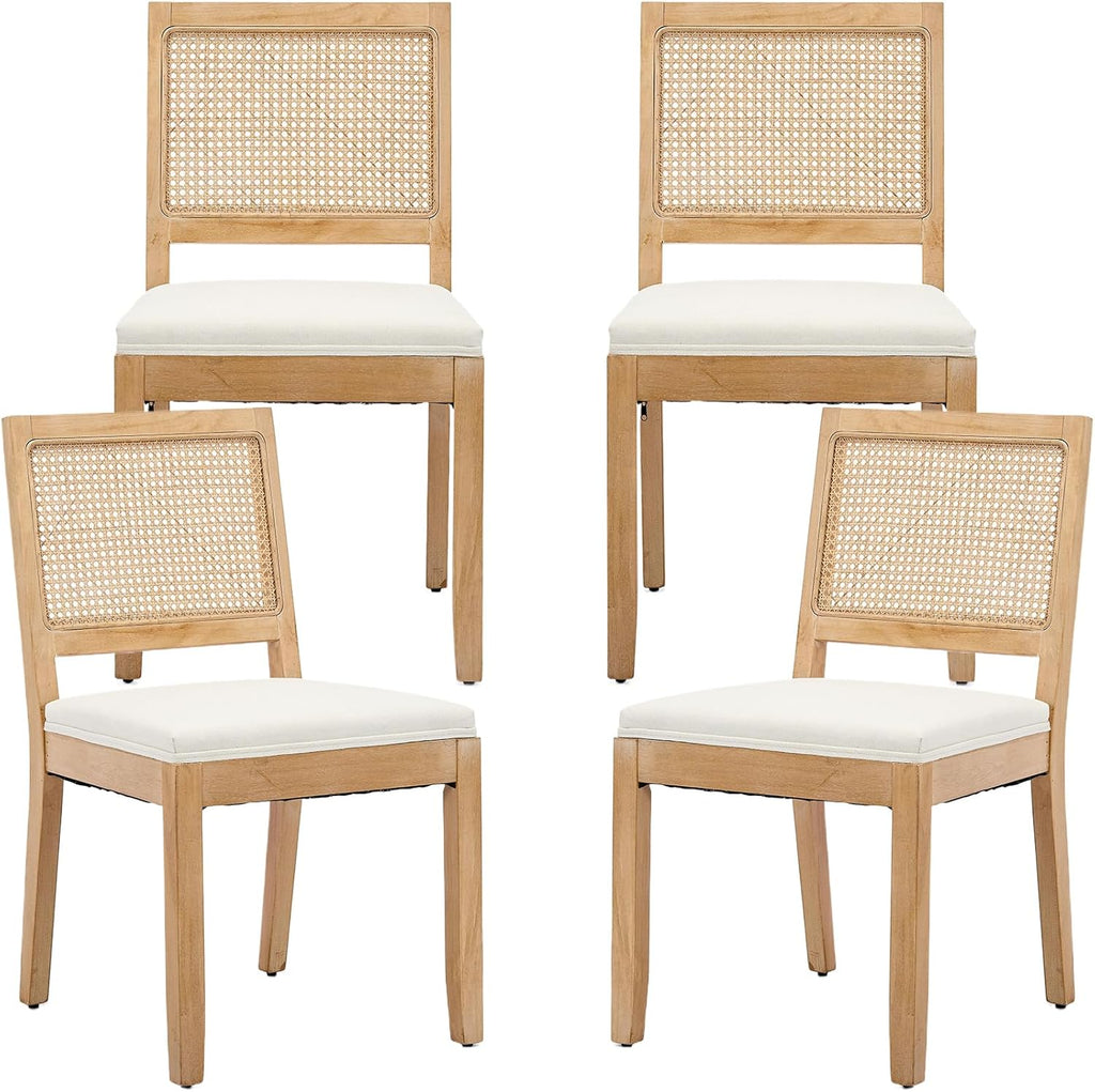 French Country Dining Chairs Set of 4, Cream Rattan Kitchen Chairs with Cane Low Back and Wood Legs for Dining Room, Beige