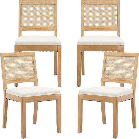 French Country Dining Chairs Set of 4, Cream Rattan Kitchen Chairs with Cane Low Back and Wood Legs for Dining Room, Beige