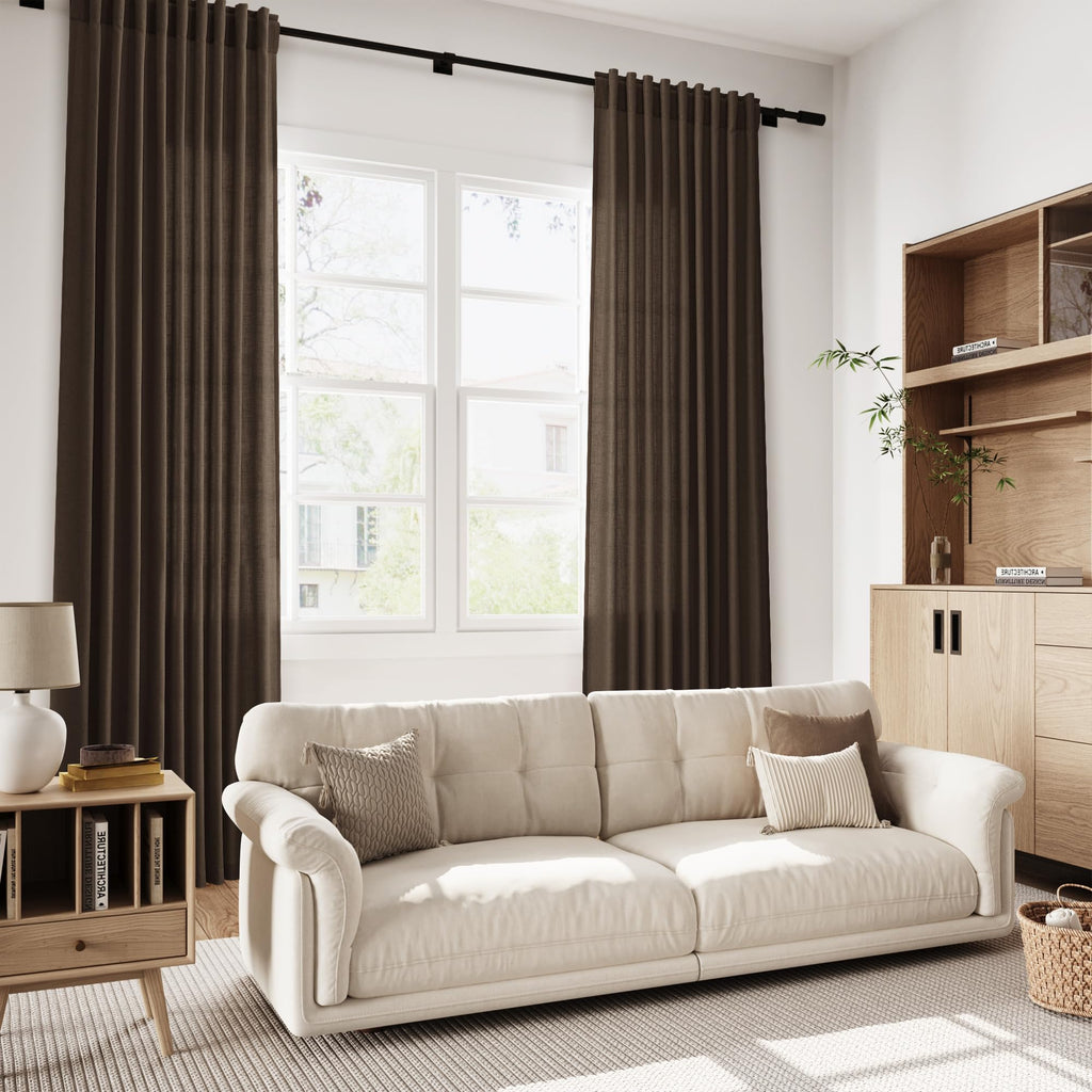 Chocolate Linen Blend Light Filtering Back Tab Curtains 96 Inches Long, Semi Sheer Privacy Drapes, 52x96 inch, 2