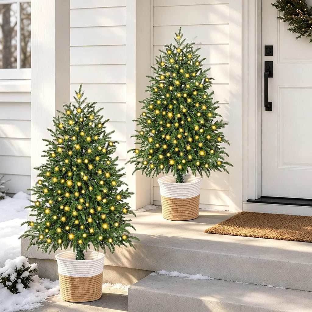 3FT 2PCS Small Christmas Tree with Lights, Pre-Lit Norfolk Pine Tree Potted
