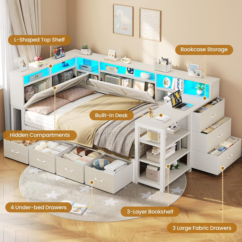 Corner Bed Frame with Desk, Bookcase Headboard, Storage Shelves & 7 Drawers, Farmhouse Twin Size Wood Platform Bed