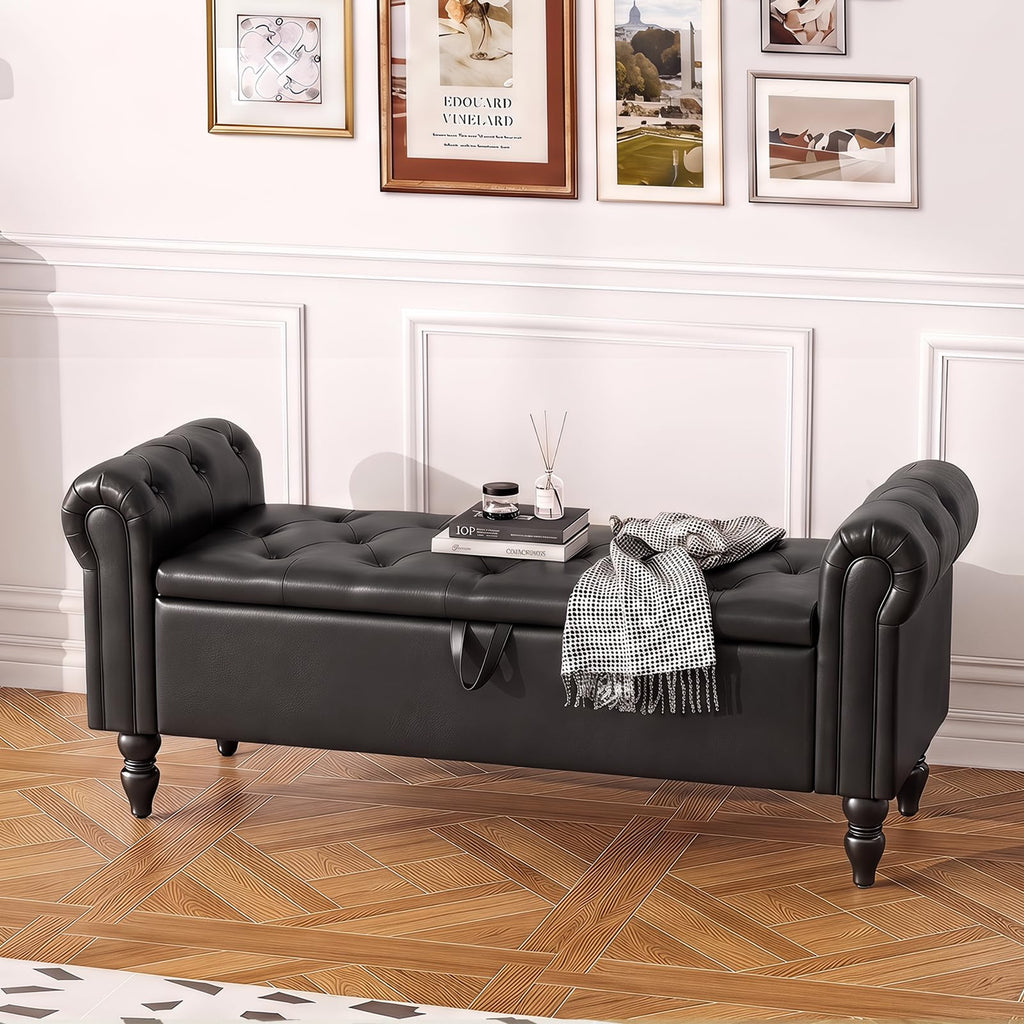 55" End of Bed Bench, Bedroom Bench with Button-Tufted, Large Upholstered Storage Ottoman Entryway Bench with Storage
