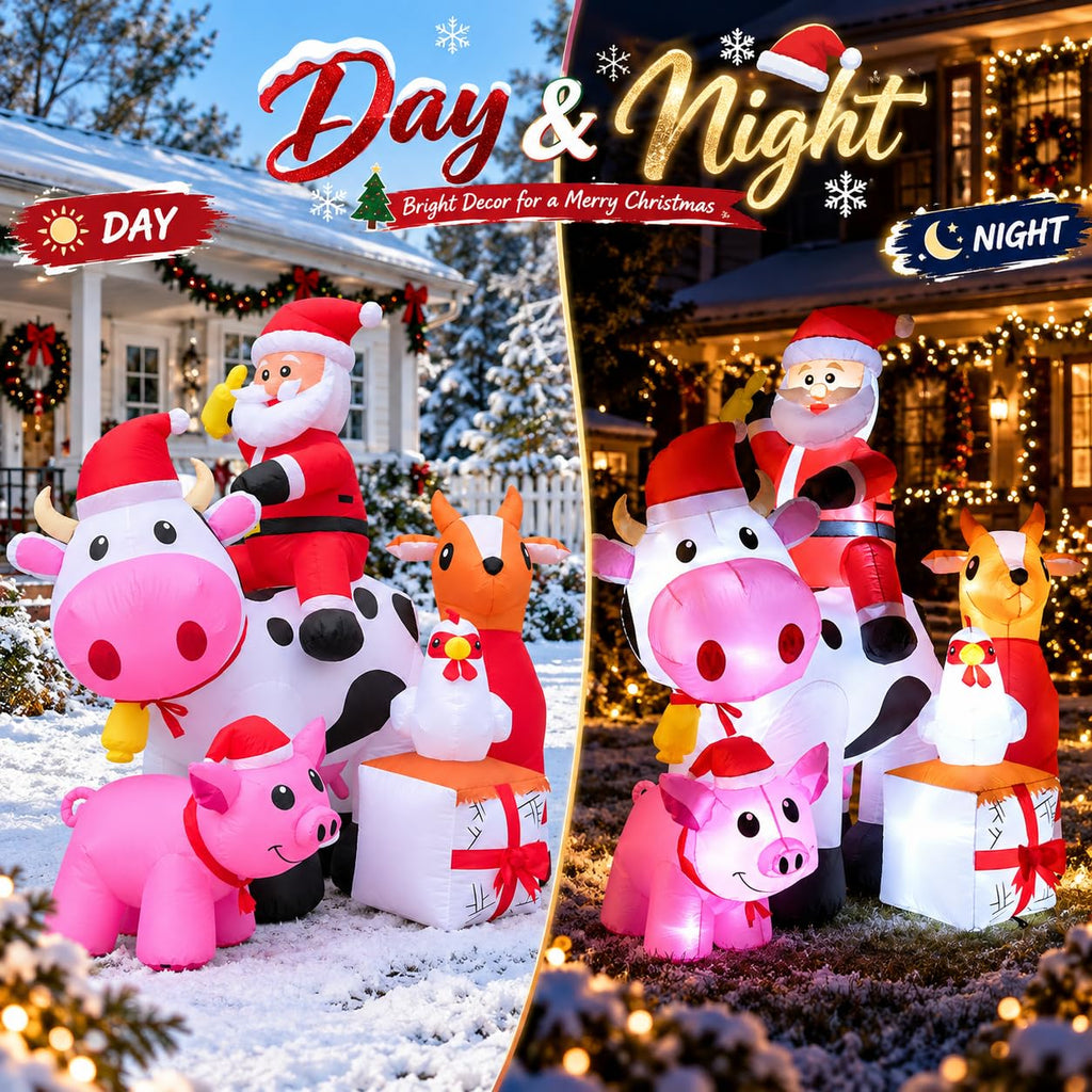 6FT Christmas Inflatables Santa Farm Scene with Blow Up Cow, Pig, Chicken & Gifts, LED Lighted Christmas Decorations