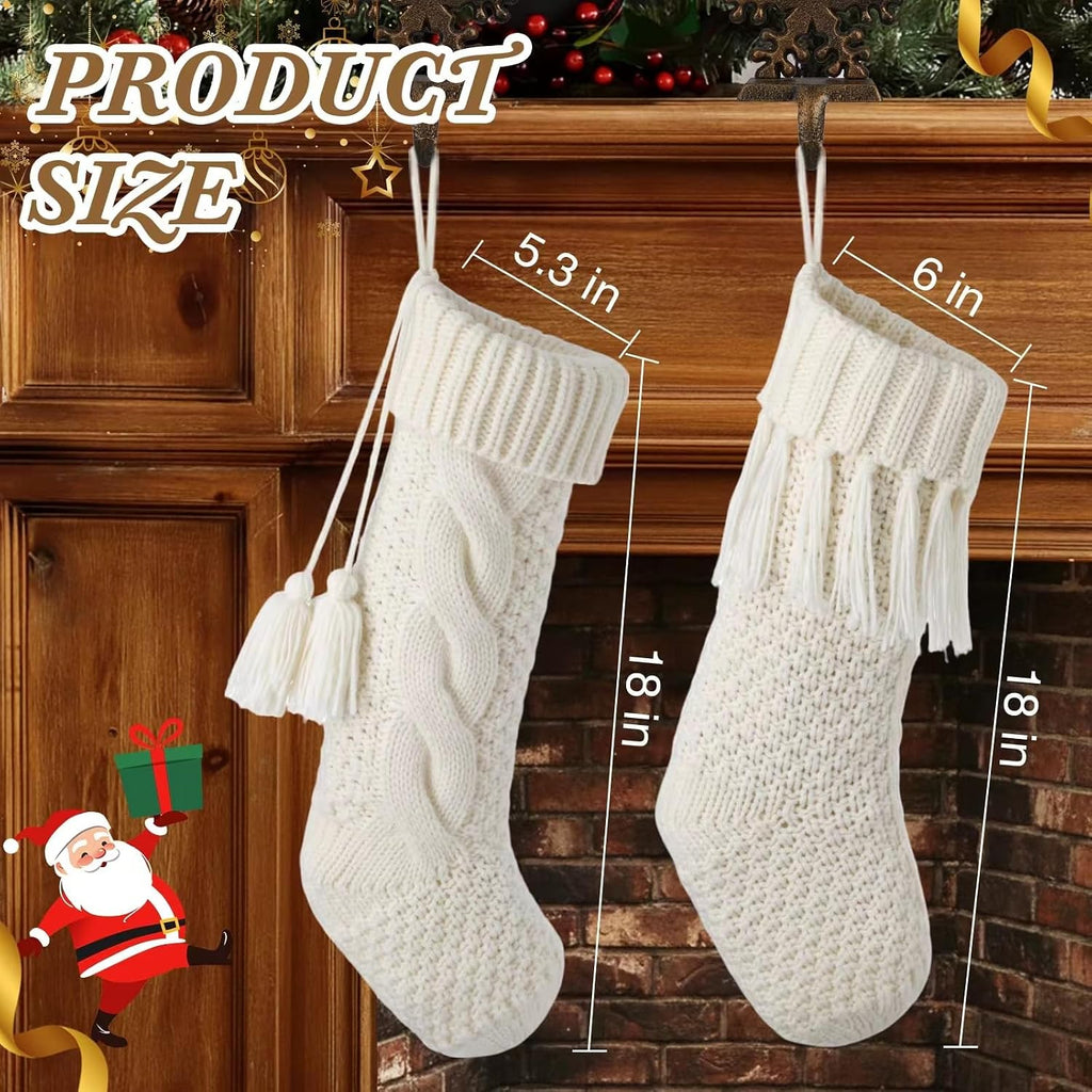 White Farmhouse Christmas Stockings - Rustic Boho Vintage Cable Knit Set, Includes 3 Small 15" and 2 Large 18" - Set of 5