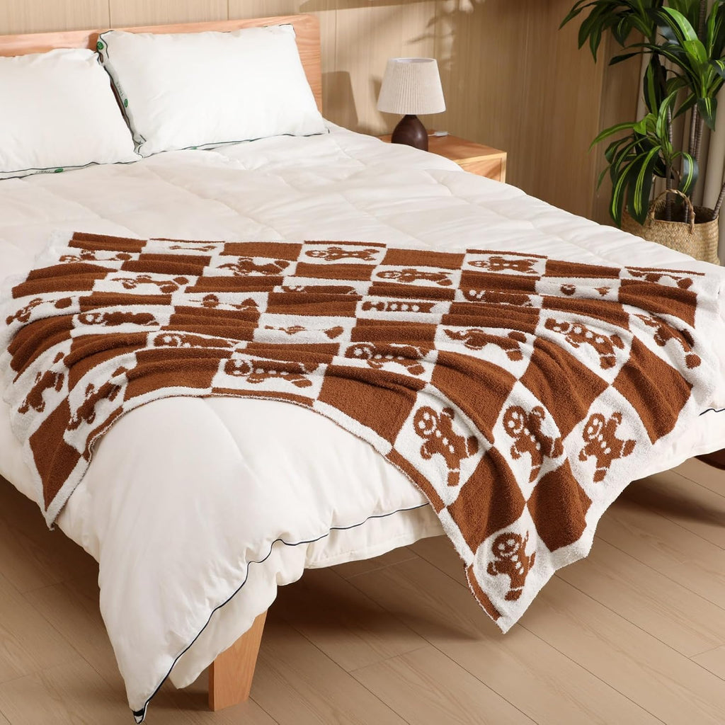 Christmas Gingerbread Man Knit Throw Blanket, 50 x 60 Inch Xmas Reversible Knitted Throw Blanket, Cozy Lightweight