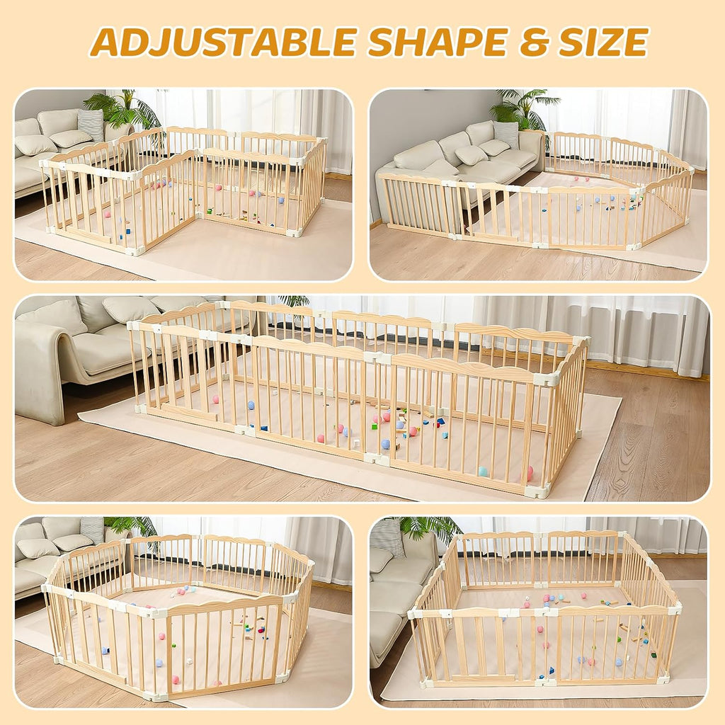Wooden Baby Playpen 69x69 Inch Foldable Toddler Fence with Safety Lock | Extra Large Natural Wood Foldable Baby