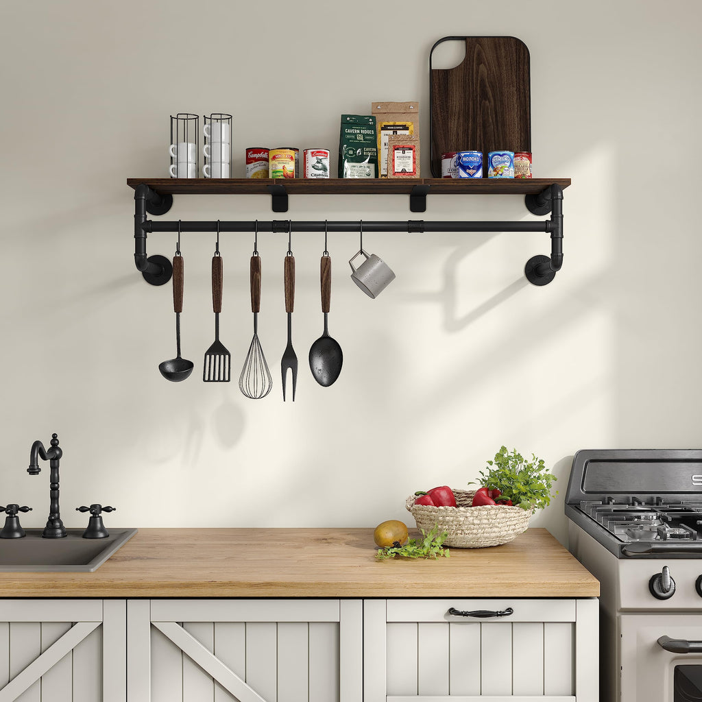 Industrial Pipe Clothes Rack with Top Shelf and 3 Hooks, 41''L Wall Mounted Garment Rack, Heavy Duty Iron Garment