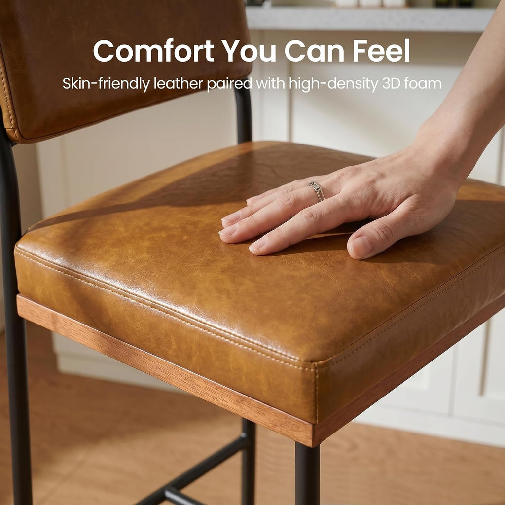 Faux Leather Bar Stools Set of 2,26 Inch Modern Counter Height Bar Stools Island,Counter Stools with Wide Back Sturdy