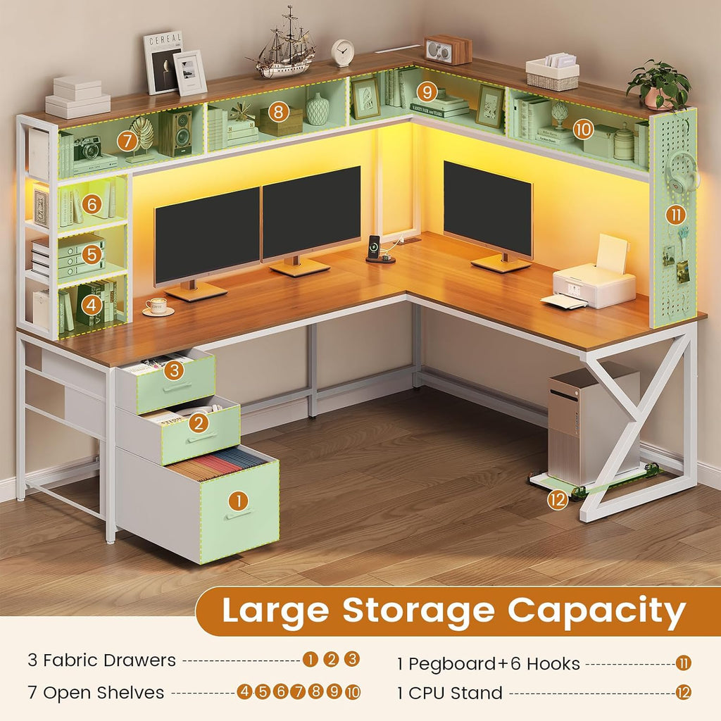 L Shaped Gaming Desk with Storage Drawers and Hutch, Convertible 94.5" Computer Desk with Drawers, Corner Computer