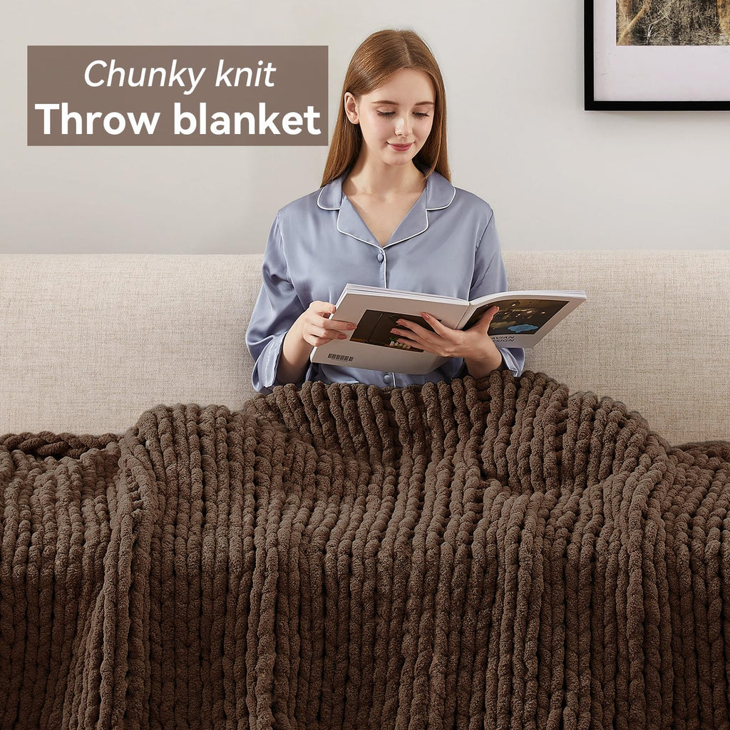 Chunky Knit Throw Blanket, Knitted Throw Chenille Yarn, 50"*60"
