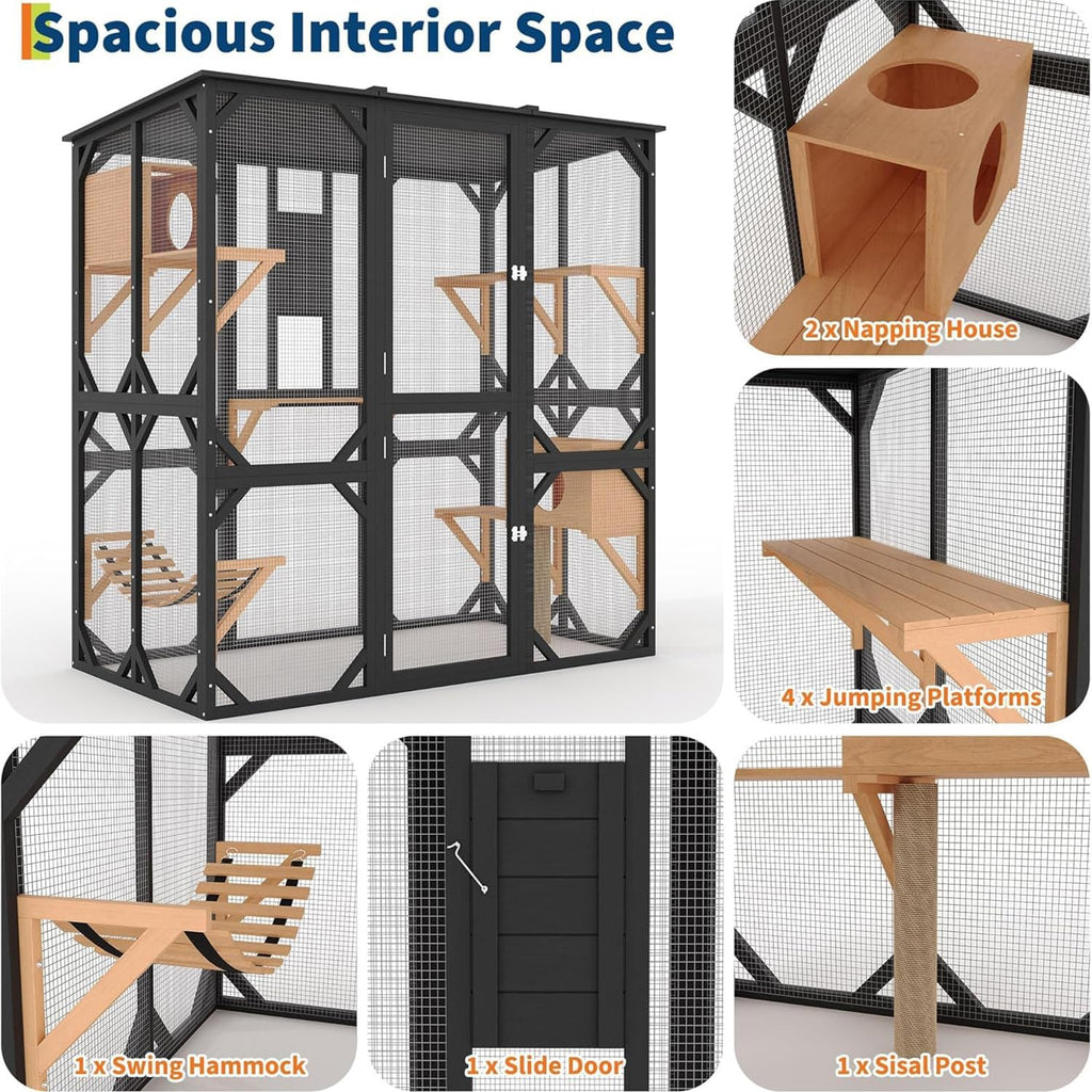 Large Walk-in Wooden Catio for 2-4 Cats - Outdoor Enclosure with Waterproof Roof & Sisal Mark-resistanting Post