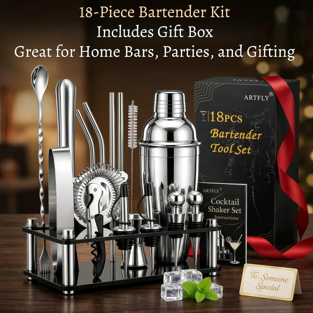 Cocktail Shaker Set, 18-Piece Bartender Kit with Stand, Bar Tool Set - Set of 18