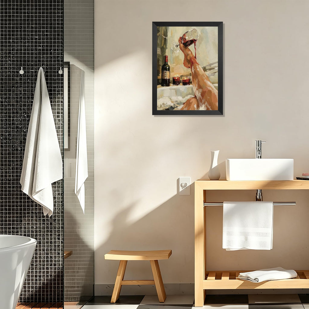 Luxury Bathtub Scene with Wine Glass Wall Art, Elegant Legs & Candlelight Print, Romantic Spa Decor for Master Bath