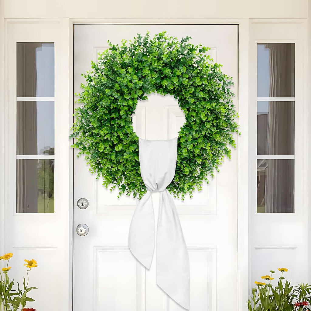 28'' Large Boxwood Wreaths Front Door Artificial Green Spring Wreath with Sash Wreaths for Front Door Farmhouse
