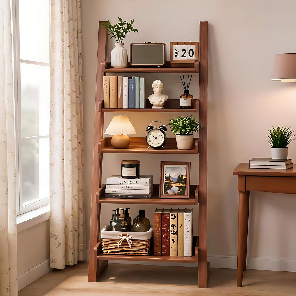5 Tier Ladder Shelf, Ladder Bookshelf with Wood Frame, Modern Leaning Storage Organizer Bookcase with