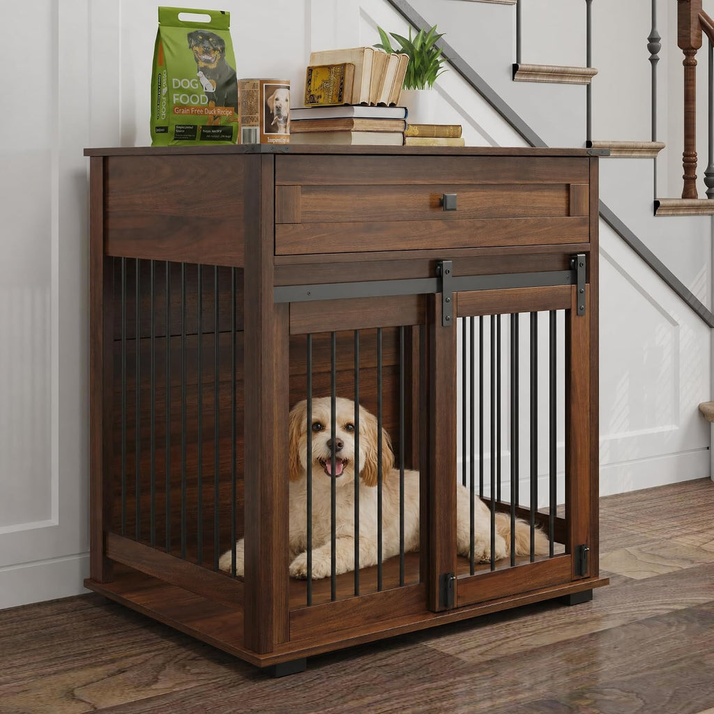 Wooden Dog Crate Furniture with Sliding Barn Door & Drawer, Walnut
