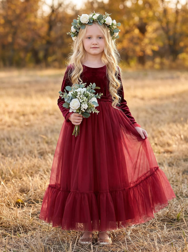Velvet Fall Winter Dress Backless Flower Girl Dress Formal Wedding Party Prom Christmas Maxi Gown