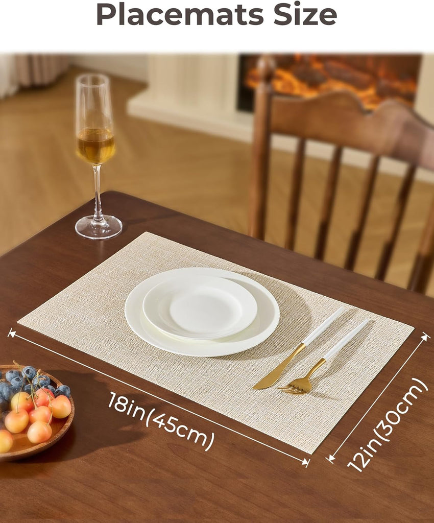 Woven Vinyl Beige Placemats - Linen Look & Easy to Clean - Set of 6